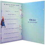 Hallmark Disney Frozen daughter birthday greeting card with colorful winter-themed illustrations and character images.