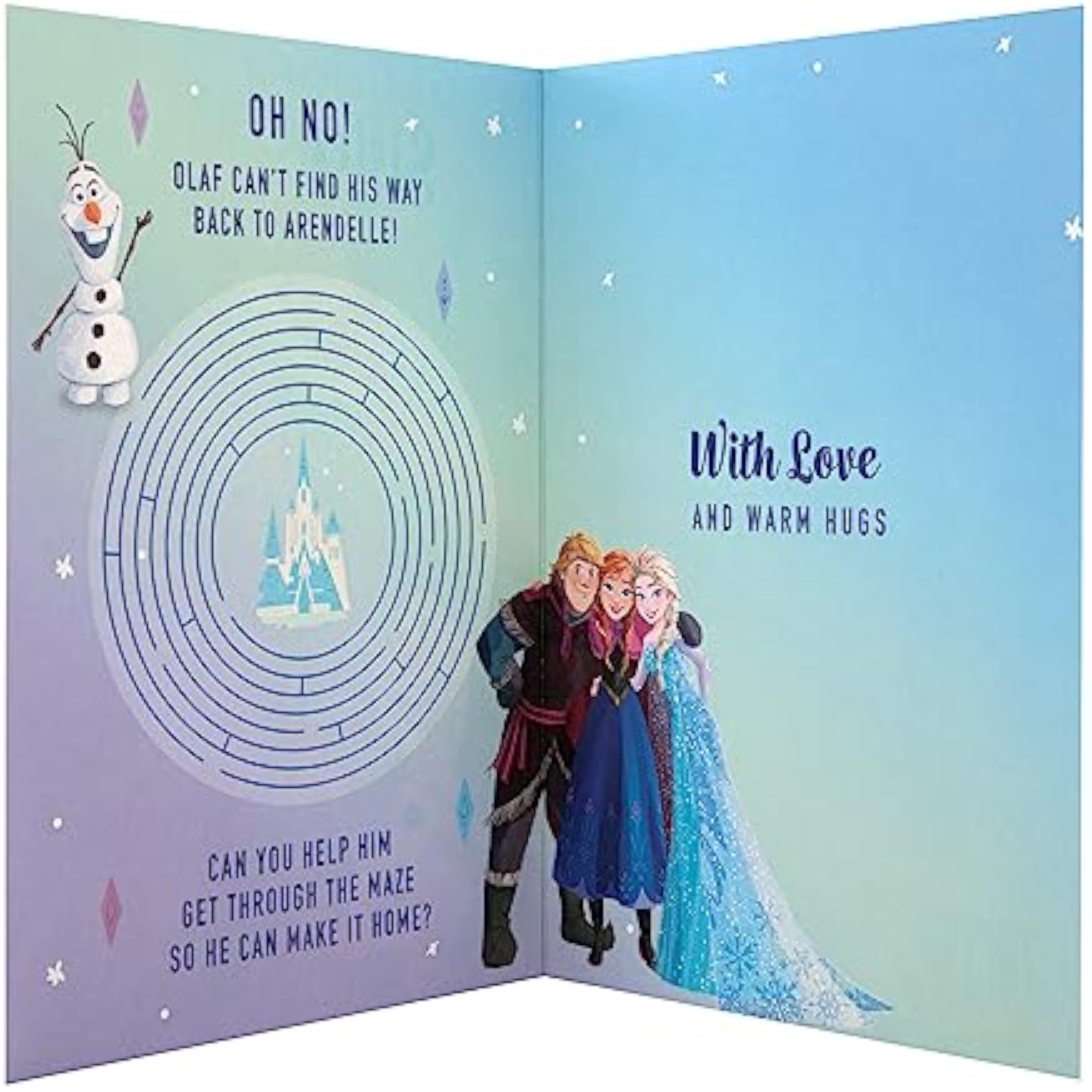 Hallmark Disney Frozen sister birthday greeting card featuring Elsa and Anna with festive winter designs and heartfelt message.