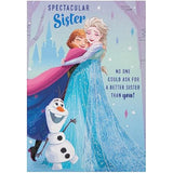 Hallmark Disney Frozen Sister birthday greeting card featuring characters Elsa and Anna with festive design and heartfelt message.