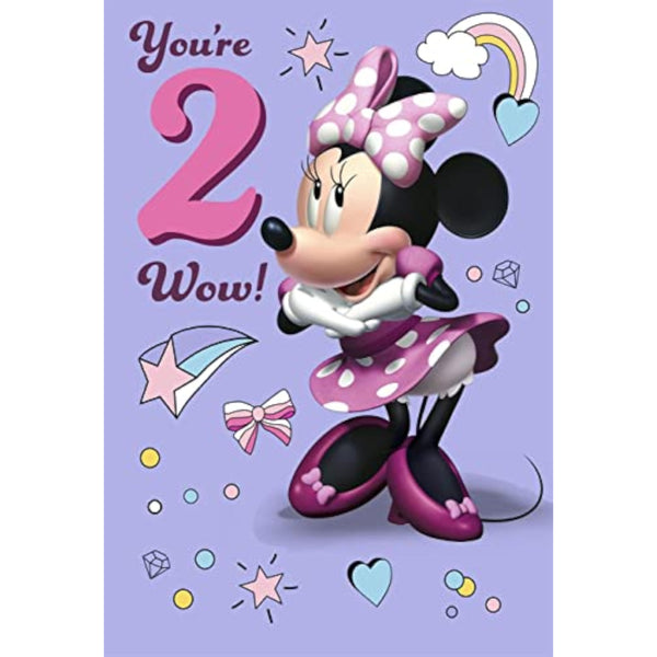 Hallmark Disney Minnie Mouse 2nd birthday greeting card featuring colorful Minnie illustration and festive design.