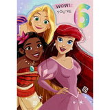Hallmark Disney Princess 6th birthday greeting card featuring colorful princess illustrations and festive design.
