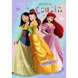 Hallmark Disney Princess birthday greeting card featuring colorful princess illustrations on the front.