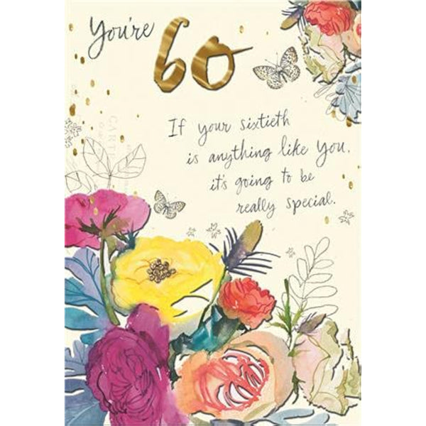 Hallmark floral birthday greeting card celebrating a 60th birthday with elegant floral designs and festive lettering.