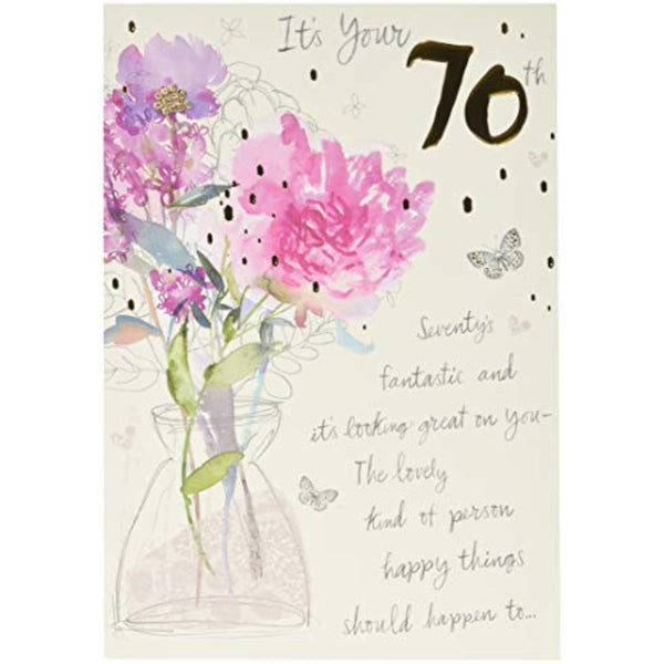 Hallmark elegant 70th birthday greeting card with embossed floral design and classic style, perfect for celebrating milestone birthdays.