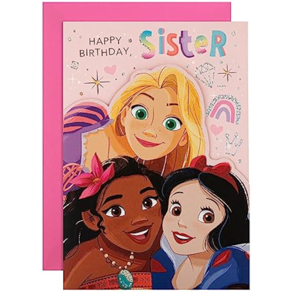 Hallmark Disney Princesses birthday greeting card featuring colorful princess illustrations for sister's celebration.