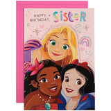 Hallmark Disney Princesses birthday greeting card featuring colorful princess illustrations for sister's celebration.