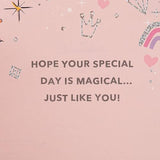 Hallmark Disney Princesses birthday greeting card featuring colorful princess illustrations for celebrating a sister's special day.