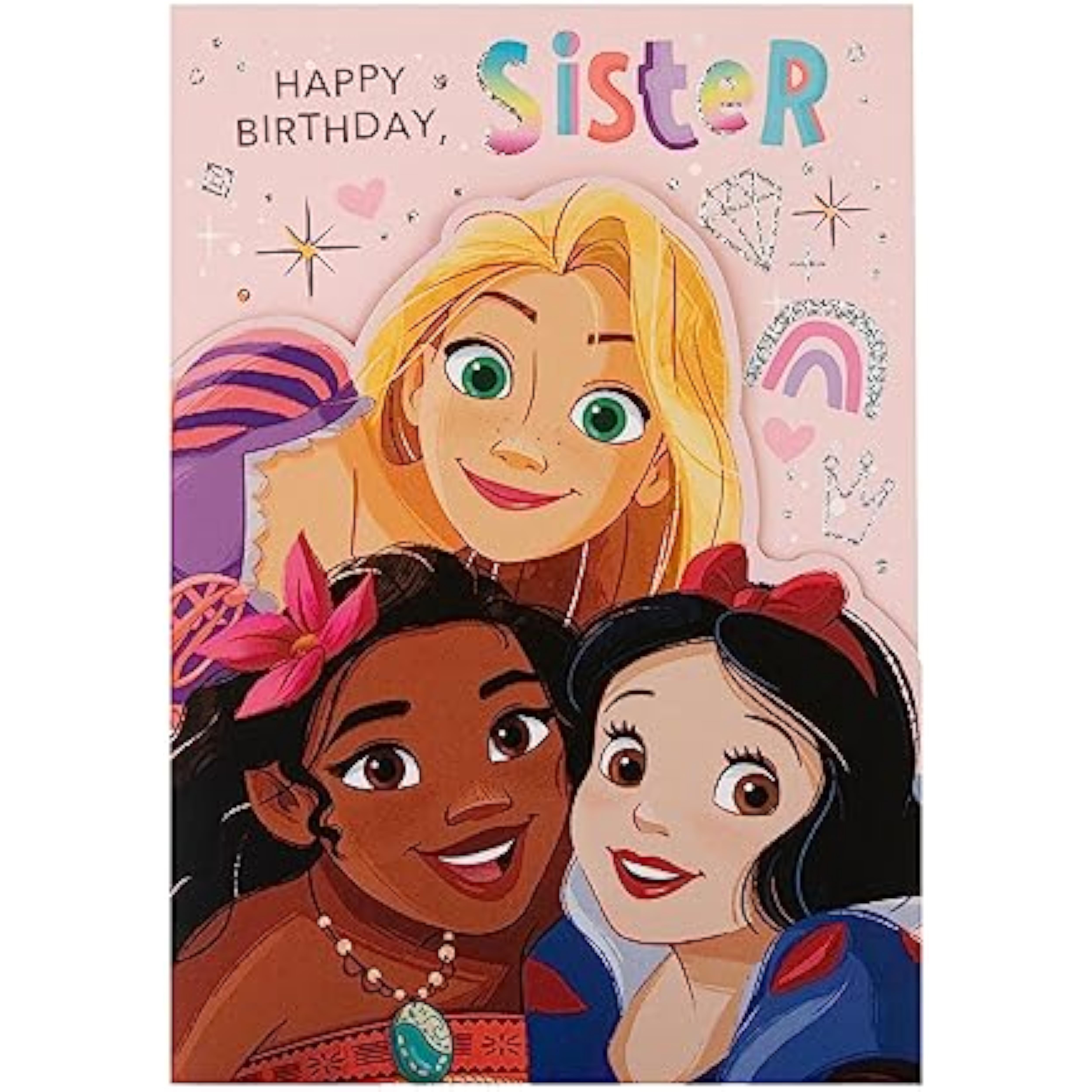 Hallmark Disney Princesses birthday greeting card featuring colorful princess illustrations for celebrating a sister.