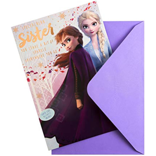 Hallmark Frozen Sister birthday greeting card featuring a colorful 3D design and playful winter-themed artwork.