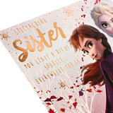 Hallmark Frozen Sister birthday greeting card featuring Elsa and Anna with colorful icy design and playful message.