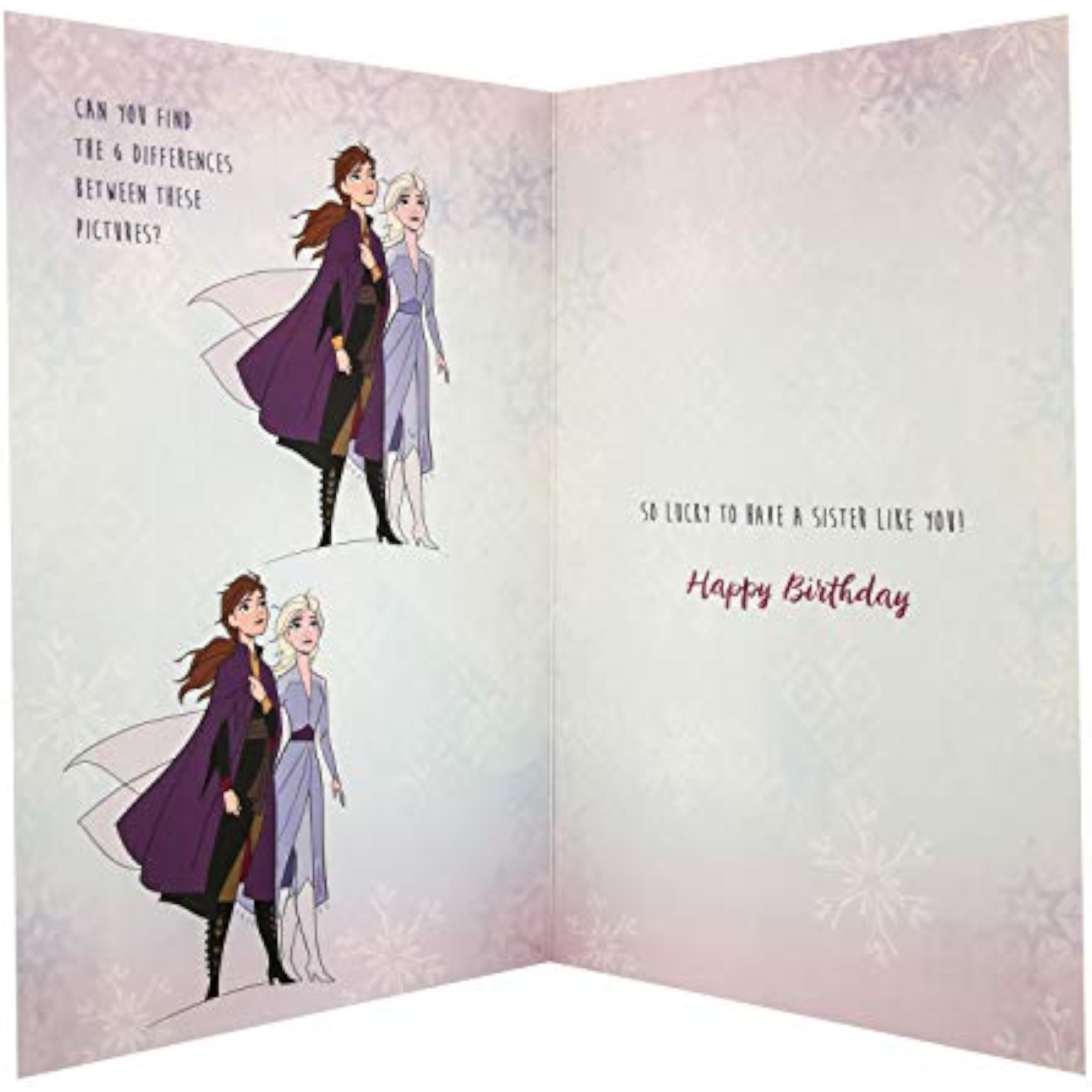 Hallmark Frozen Sister birthday greeting card with colorful winter-themed illustrations and playful design.