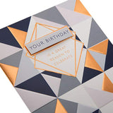 Geometric 3D copper foil Hallmark greeting card with modern design for birthdays, showcasing intricate folded paper art.