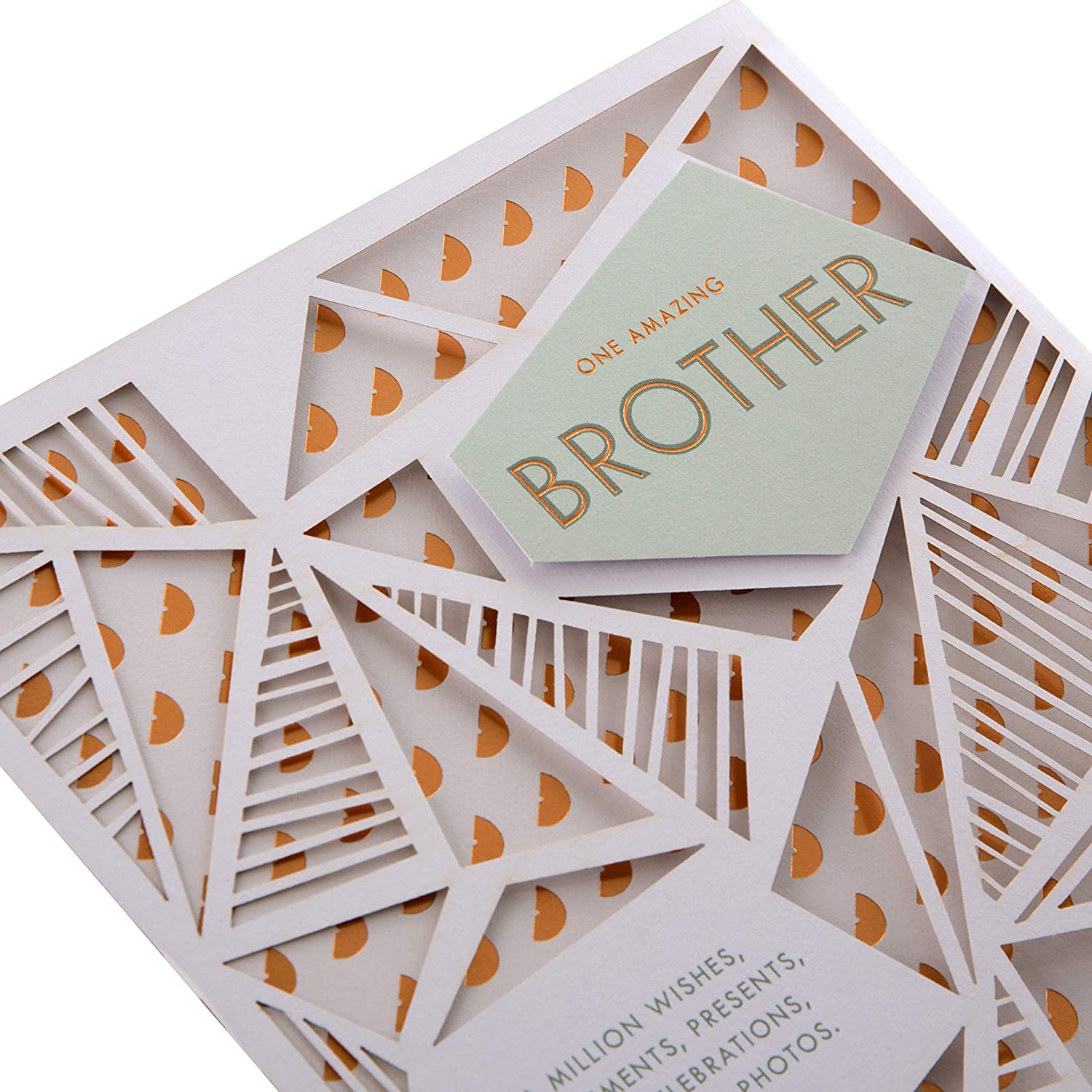 Hallmark Geometric Laser-Cut Brother Birthday Card with 3D copper accents, featuring intricate geometric designs and a heartfelt message.