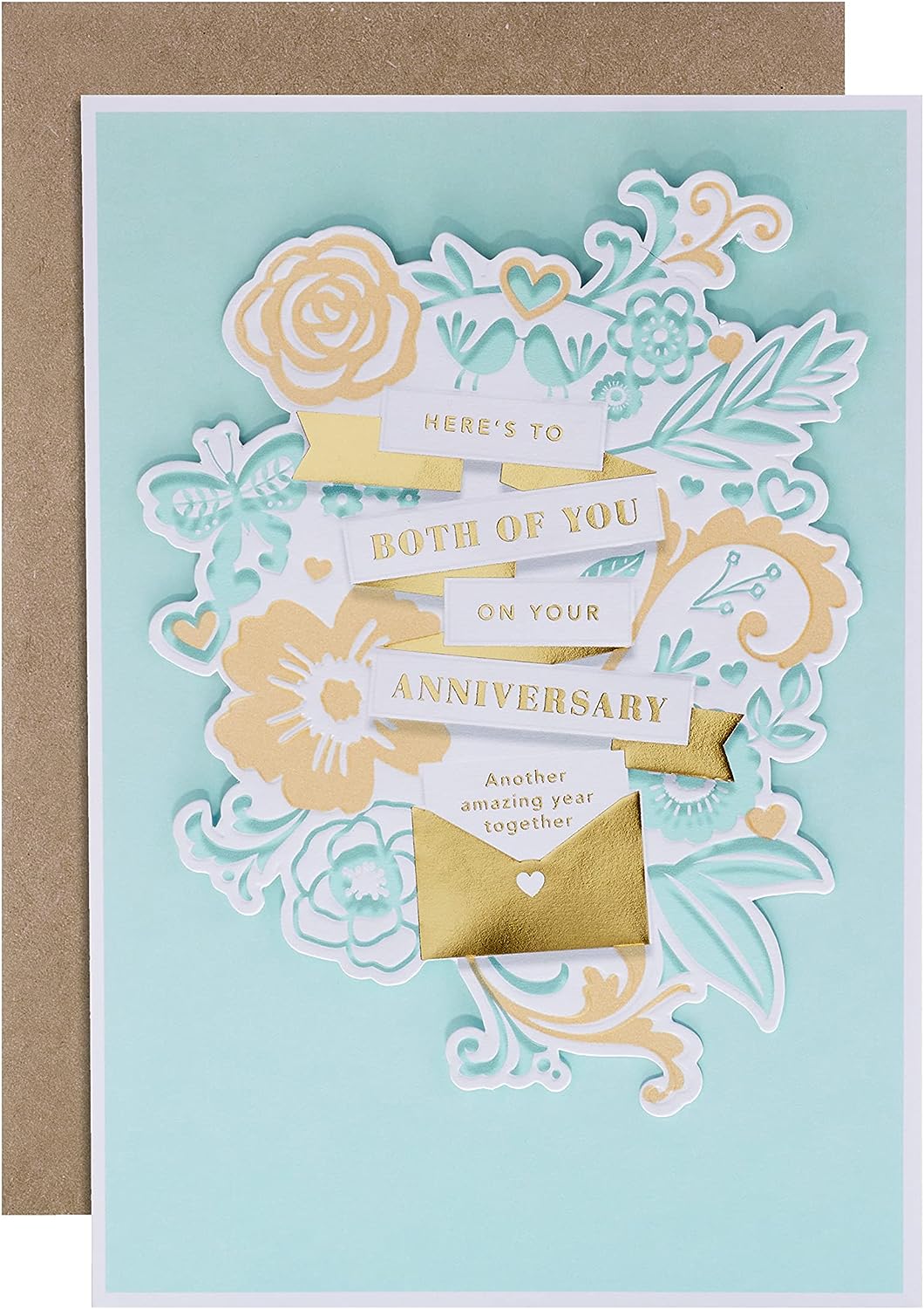 Hallmark anniversary greeting card featuring traditional floral text design with "Both of You" message on the front.