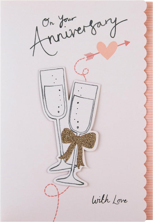 Hallmark 3D anniversary greeting card featuring a champagne glass design for couples, with elegant and festive details.