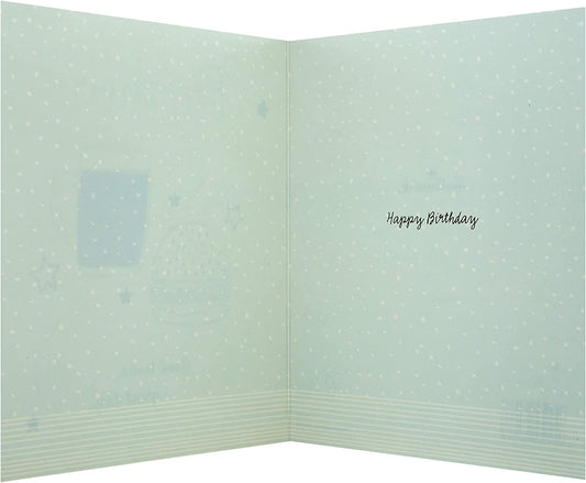 Hallmark birthday greeting card for brother featuring glitter embellishments and a fun beer and burger design.