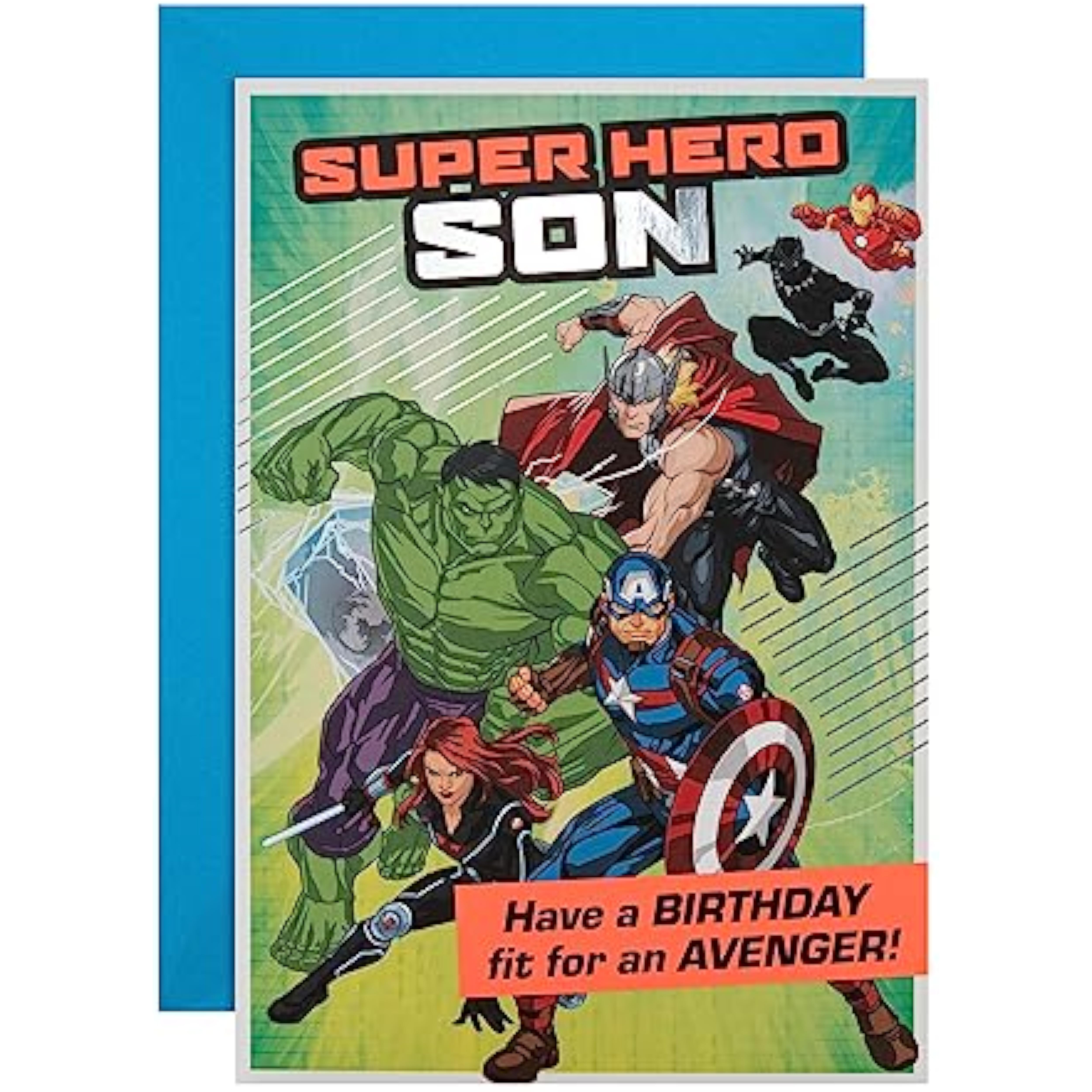 Hallmark Marvel Superheroes birthday greeting card for son featuring colorful superhero characters and activity design on the front.