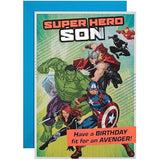 Hallmark Marvel Superheroes birthday greeting card for son featuring colorful superhero characters and activity design on the front.