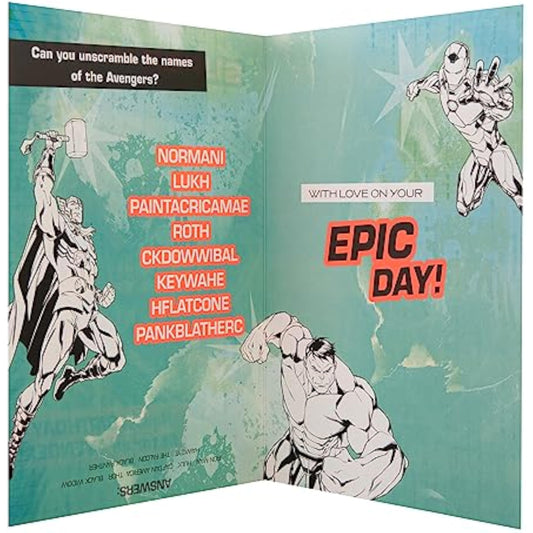 Hallmark birthday greeting card for son featuring Marvel superheroes and fun activity design, colorful and cheerful.
