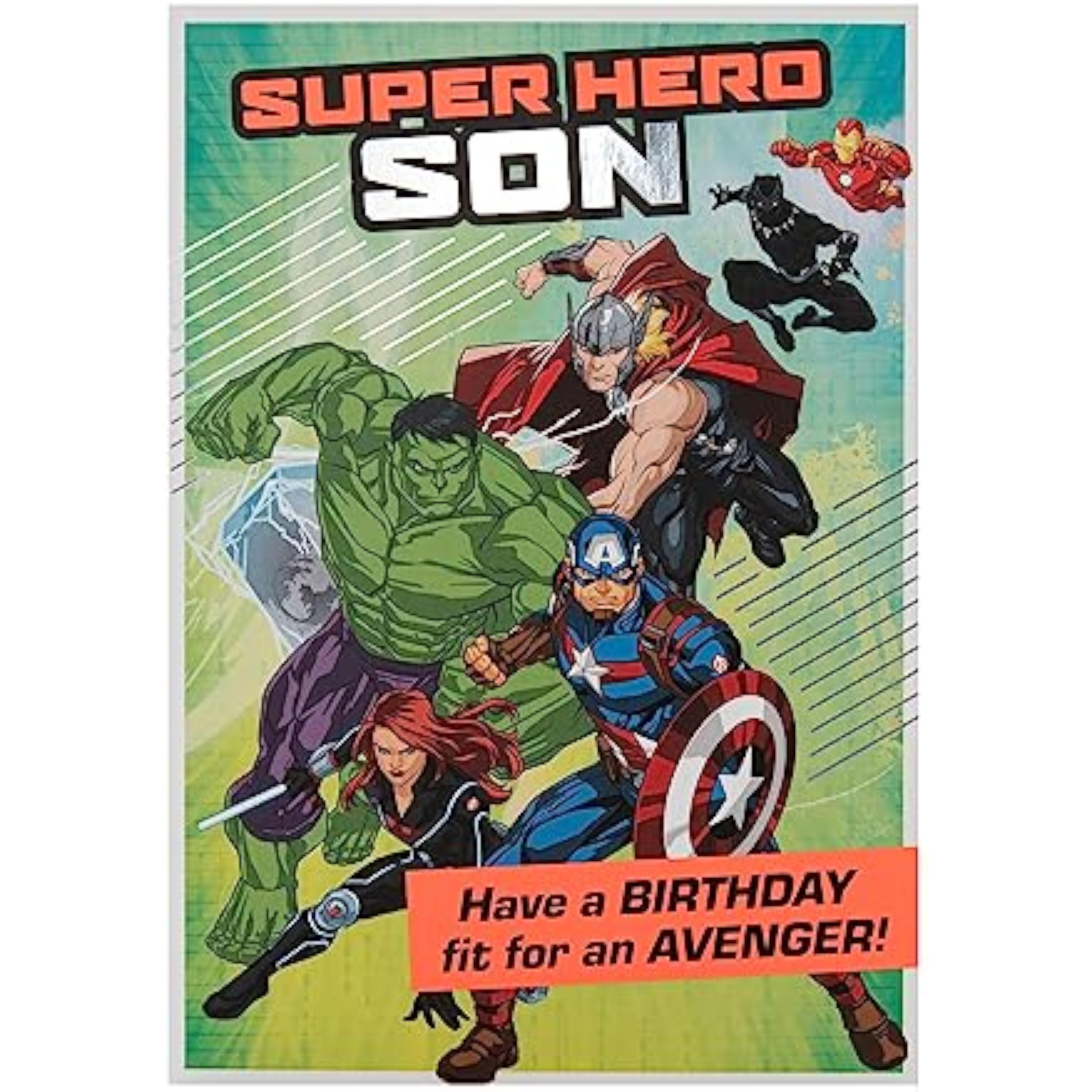 Hallmark birthday greeting card for son featuring Marvel superhero design with activity elements on the front.