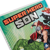 Hallmark Marvel superhero birthday greeting card for son featuring colorful superhero characters and fun activity design.