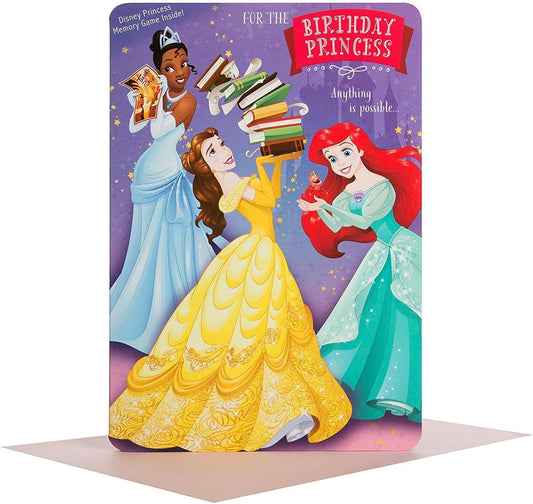 Hallmark Disney Princess birthday greeting card featuring colorful princess characters and a memory game design.