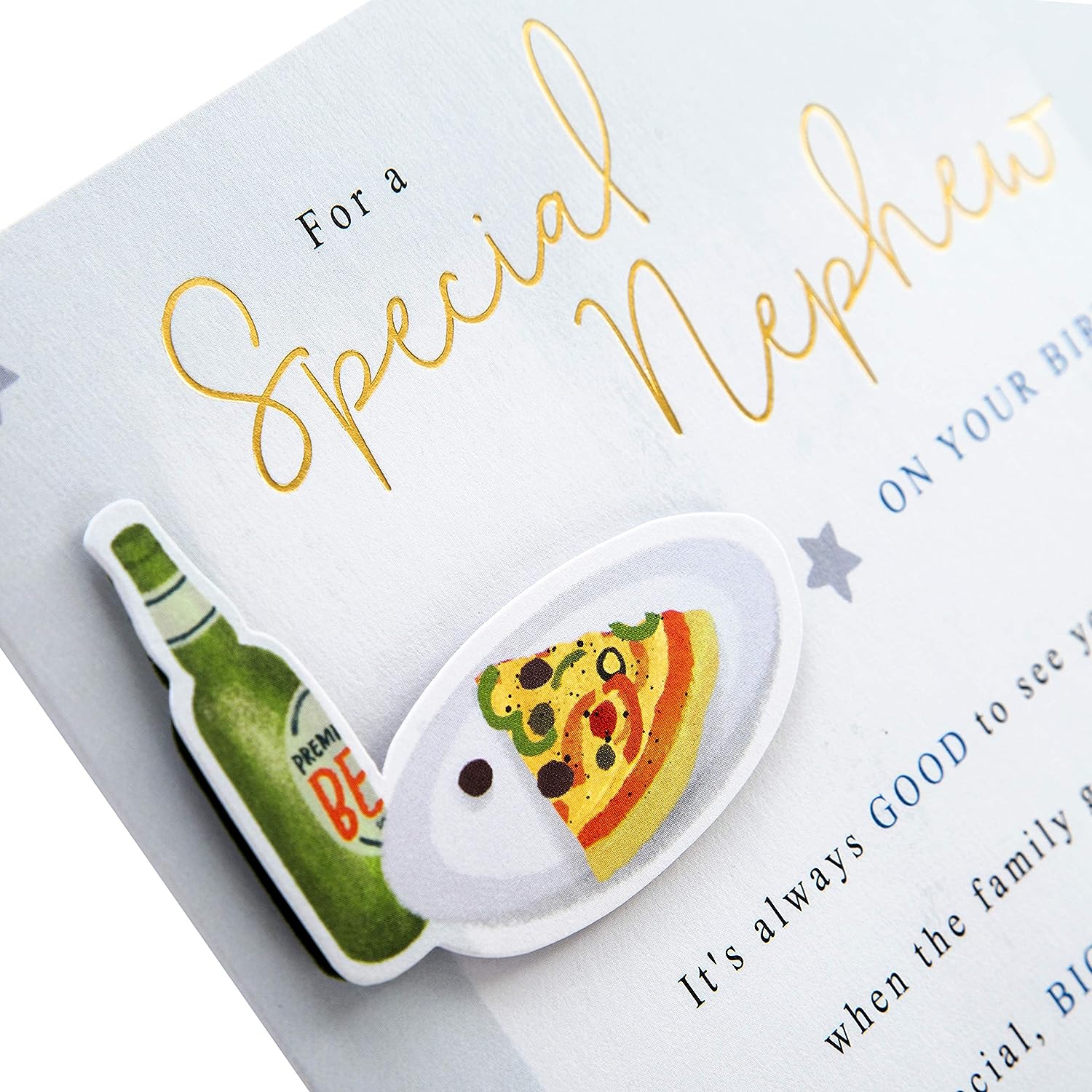 Hallmark Heartfelt Nephew birthday greeting card with gold foil glow, featuring a colorful design and heartfelt message inside.
