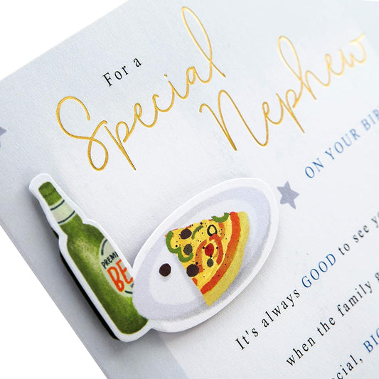 Hallmark Heartfelt Nephew birthday greeting card with gold foil glow, featuring a colorful design and heartfelt message inside.