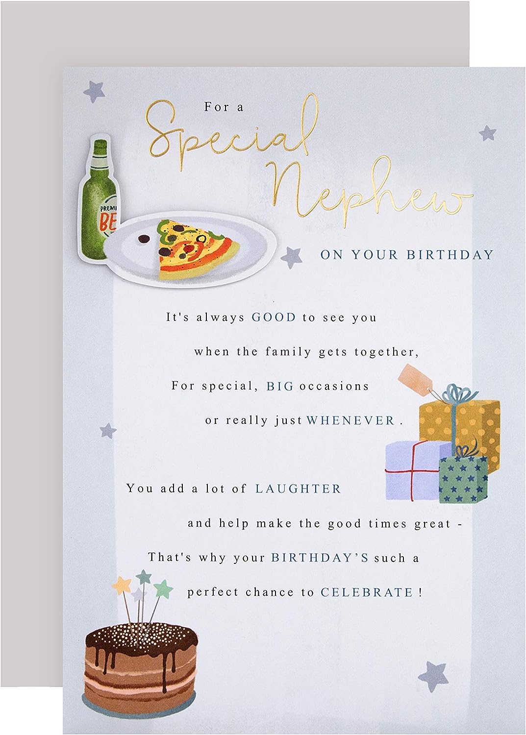 Hallmark Heartfelt Nephew Birthday Card with gold foil glow, featuring colorful heartfelt design and festive message inside.