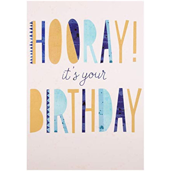 Hallmark Hooray Gold Foil birthday greeting card with festive gold foil design and cheerful message.