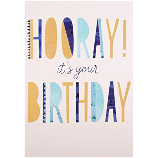 Hallmark Hooray Gold Foil birthday greeting card with festive gold foil design and cheerful message.