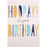 Hallmark Hooray Gold Foil birthday greeting card with festive gold foil design and cheerful message.