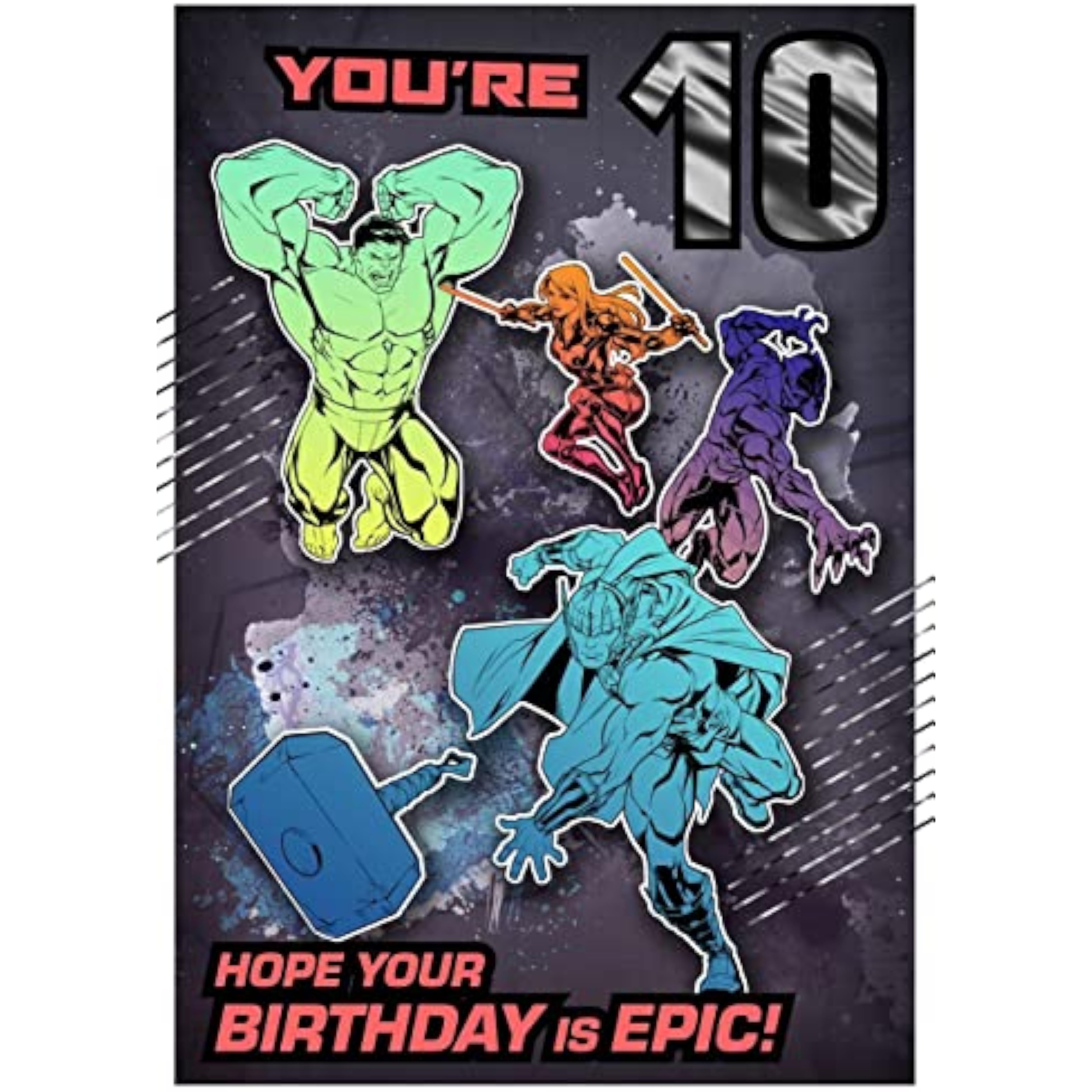 Marvel Avengers birthday greeting card featuring colorful superhero design for a tenth birthday, by Hallmark.