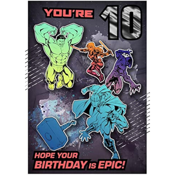 Marvel Avengers birthday greeting card featuring colorful superhero design for a tenth birthday, by Hallmark.