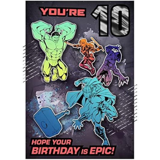 Marvel Avengers birthday greeting card featuring colorful superhero design for a tenth birthday, by Hallmark.