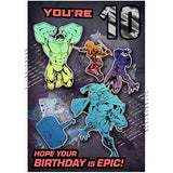 Marvel Avengers birthday greeting card featuring colorful superhero design for a tenth birthday, by Hallmark.