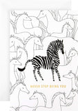 Hallmark playful zebra gold foil birthday greeting card with colorful design and cheerful message inside.