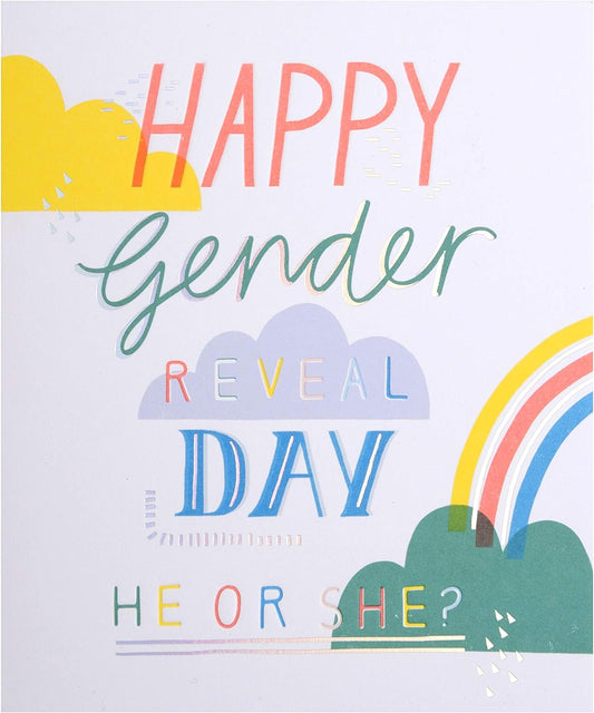 Rainbow gender reveal baby greeting card with "He or She?" message, featuring colorful design and playful illustrations.