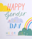 Rainbow gender reveal baby greeting card with "He or She?" message, featuring colorful design and playful illustrations.