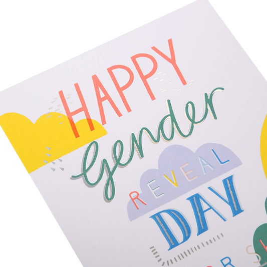 Hallmark Rainbow Gender Reveal Baby Card with "He or She?" message, featuring colorful rainbow design and playful font.