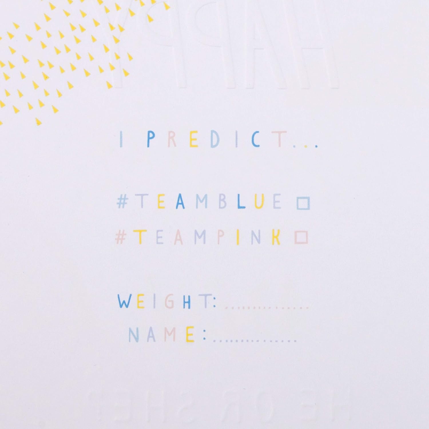 Rainbow gender reveal greeting card by Hallmark featuring "He or She?" message with colorful design and playful baby-themed illustrations.