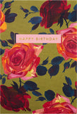 Red floral greeting card with gold foil accents, featuring a happy birthday message, by Hallmark.