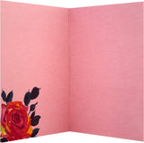Red floral Hallmark greeting card with gold foil "Happy Birthday" message and decorative floral design.