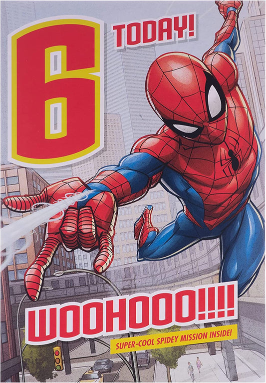 Hallmark Spider-Man 6th birthday greeting card featuring web-slinging Spider-Man in a colorful, fun design for kids' celebrations.