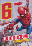 Hallmark Spider-Man 6th birthday greeting card featuring web-slinging Spider-Man in a colorful, fun design for kids' celebrations.