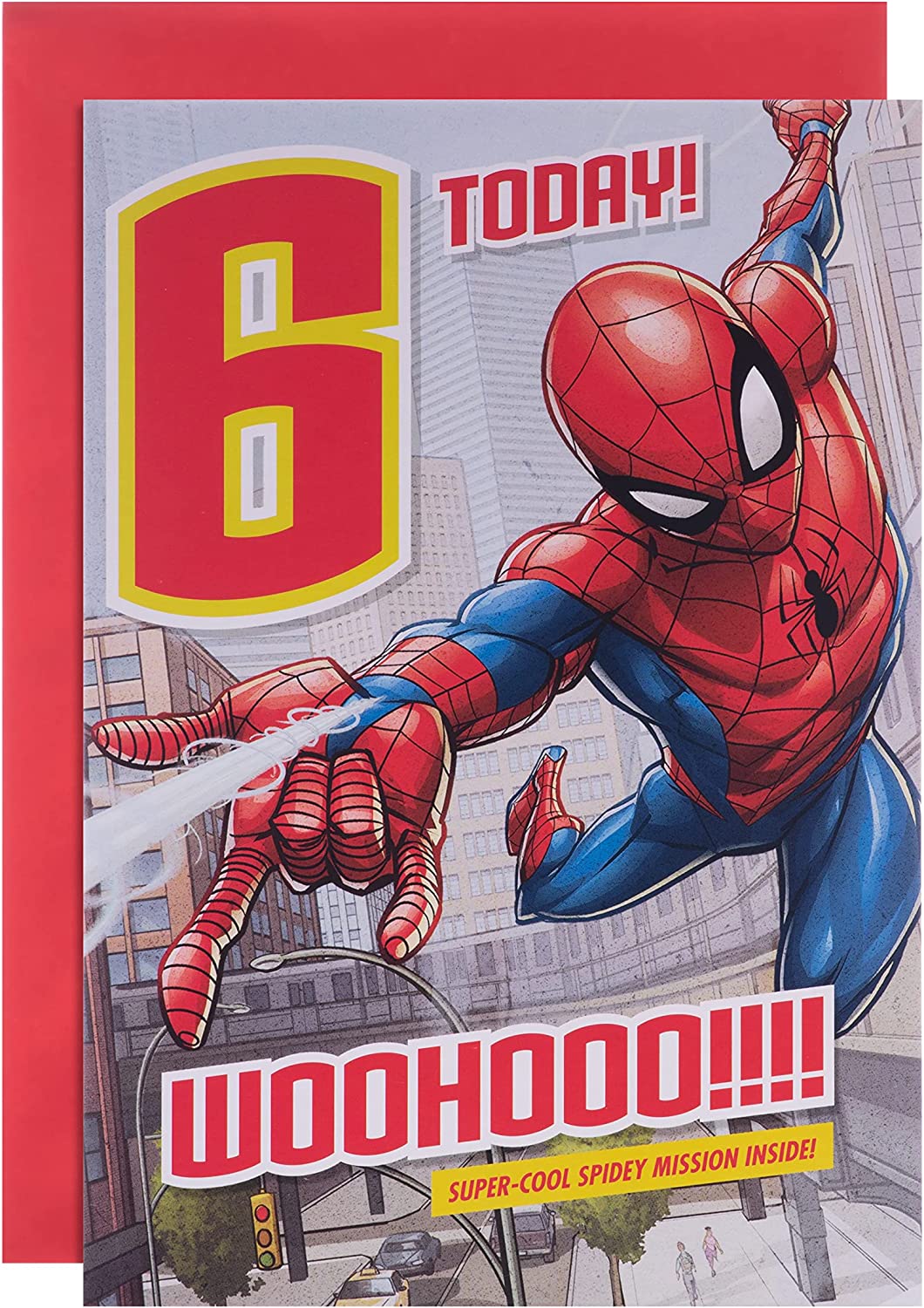 Hallmark Spider-Man birthday greeting card featuring web-slinging Spider-Man for a fun 6th birthday celebration.