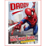 Hallmark Spider-Man Daddy birthday greeting card featuring heroic love design with Spider-Man illustration and celebratory message.