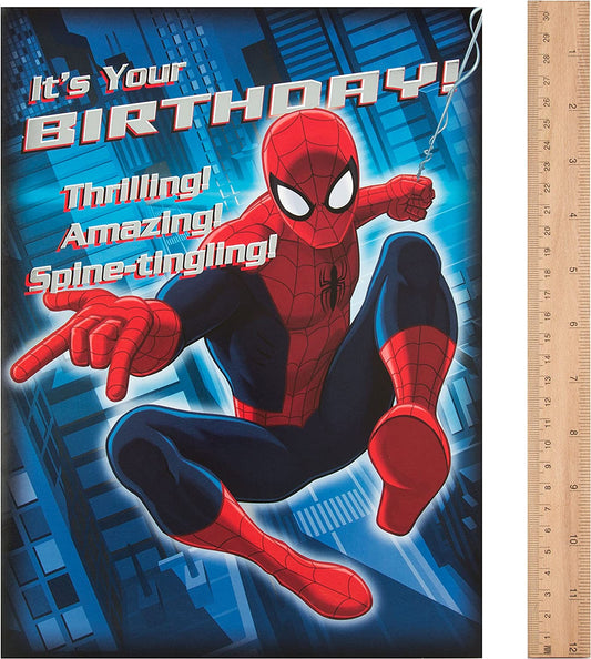 Hallmark Spiderman Zip Zoom Wow birthday greeting card featuring Spiderman in an action pose with colorful comic-style graphics.