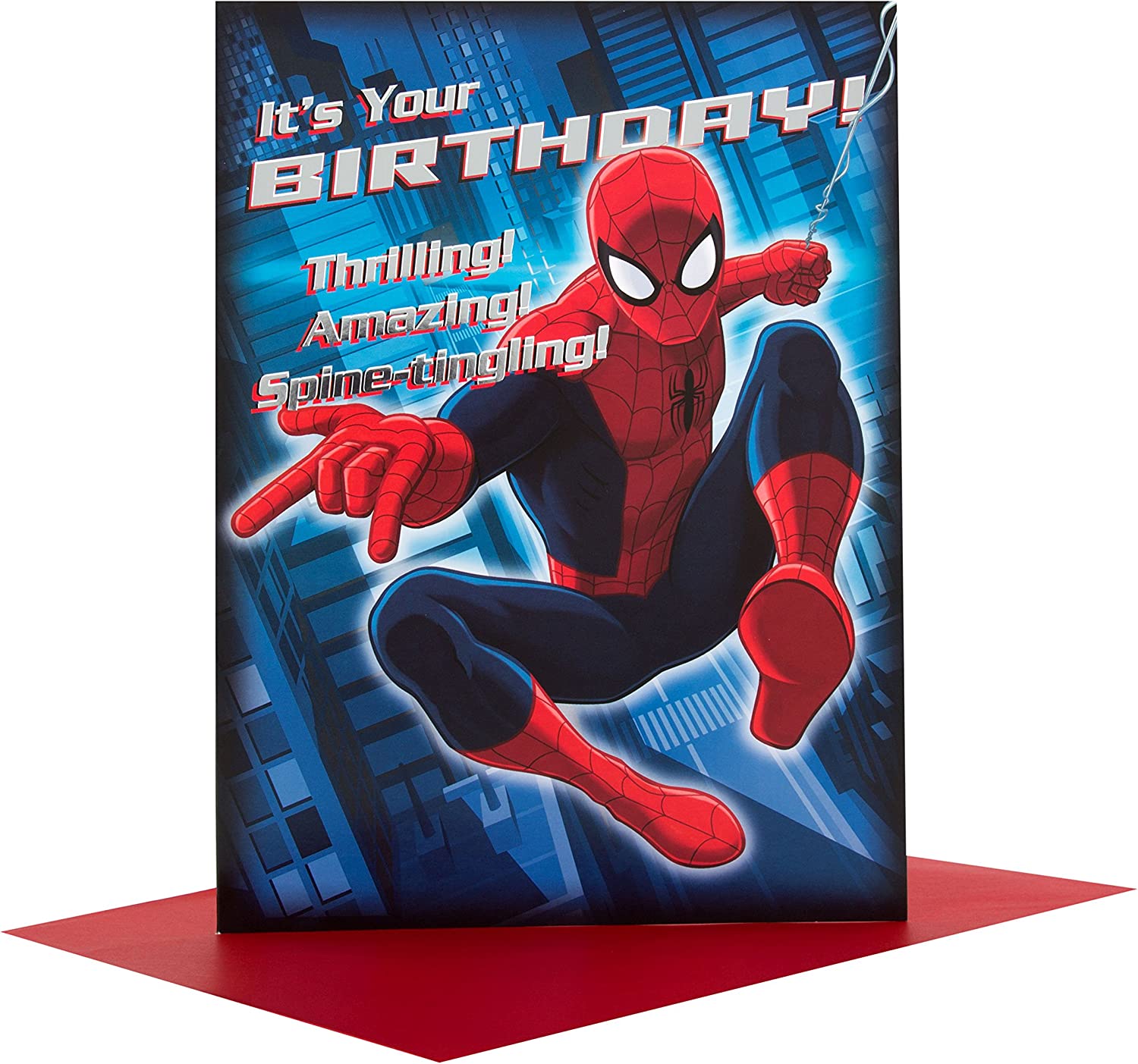 Hallmark Spiderman Zip Zoom Wow greeting card featuring Spiderman in action, perfect for superhero-themed birthday celebrations.