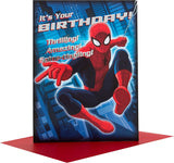 Hallmark Spiderman Zip Zoom Wow greeting card featuring Spiderman in action, perfect for superhero-themed birthday celebrations.